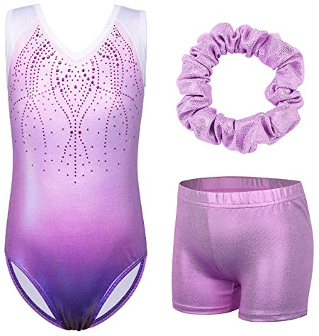 ZNYUNE Mädchen Turnanzug mit hose Haarband Set gymnastikanzug Kinder Shorts trikot turnen Ärmellos/Langarm Kleidung klassisch Turnbody B182 Purple 6A