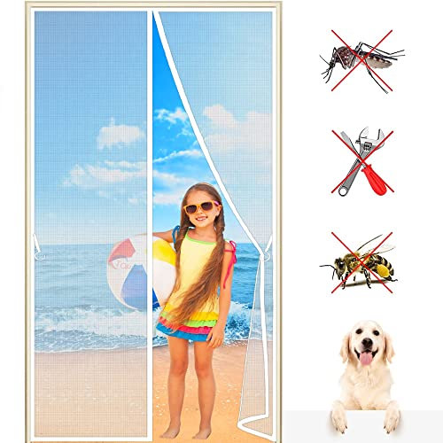 Magnet Fliegengitter Balkontür Insektenschutz 80x220 cm Klebemontage Ohne Bohren, Magnet Fliegen Gitter Tür für Wohnzimmertür Schlafzimmertür Schiebetür, 993 Größe Weiß