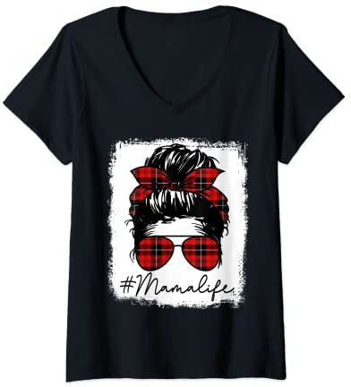 Damen Mama Mom Life Shirts für Damen, rotes kariertes Bandana, unordentlicher Dutt T-Shirt mit V-Ausschnitt