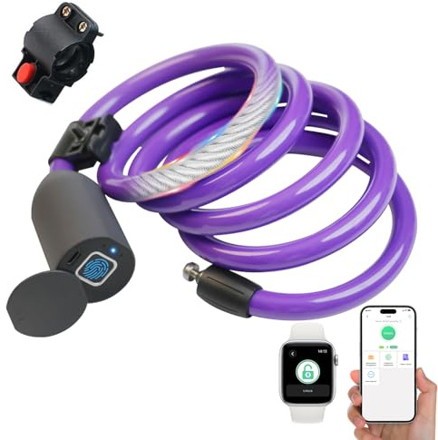 elektronisches Kabelschloss eLinkSmart Fahrradschloss Fingerabdruck mit Fingerabdruck Watch Handy Bluetooth App 150CM Länge wasserdicht schlüsselloses fahrradschloss zahlenschloss lila