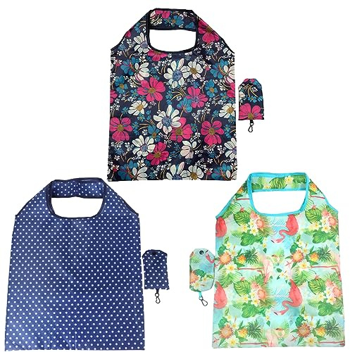 FAVORTALK Folding Shopping Bags Packaway Foldable - 3 Pcs Large Capacity Reusable Grocery Bag Foldaway Washable Floral Shopper Bags Lightweight for Travel Camping Nylon D8311