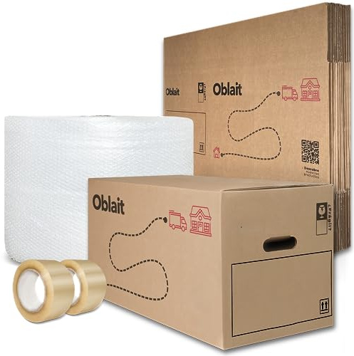 Pack Rollo Plástico Burbujas Embalaje 50 cm x 100 m + 10 Cajas Cartón Mudanza 50x30x30 cm + 2 Cinta Adhesiva 48 mm x 66 m
