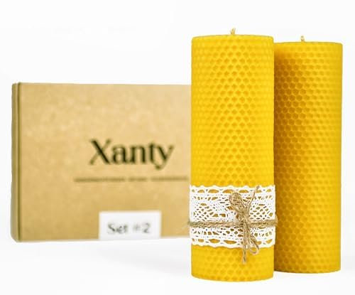 Xanty Bienenwachskerzen, 2 XXL goldene Kerzen aus 100% Bienenwachs, Wabenkerzen, Stumpenkerzen, 20 Stunden/Kerze Brenndauer, Gold-Gelb Adventskerzen (18 cm x 6 cm)