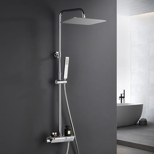 Görbach Columna de Ducha con Grifo, Conjunto Set Ducha Acero Inoxidable con Barra Altura Adjustable, Adaptarse a los orificios existentes, Cabezal Lluvia 35x25 cm y Mezclador Termostático Cromo