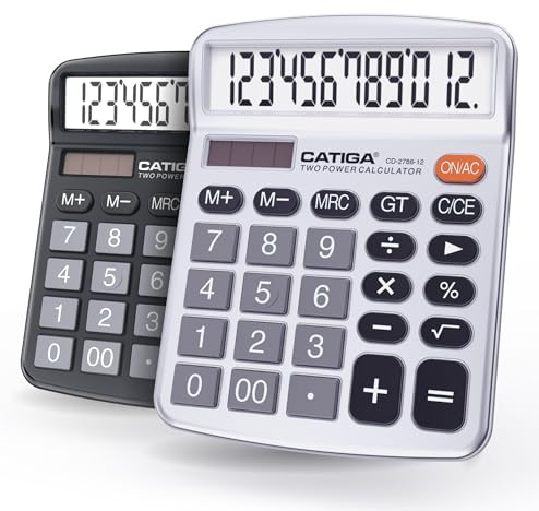 CATIGA Tischrechner 12-stelliger mit großem LCD-Display, sensitiven Tasten, Solar und Batteriebetrieb, Kompakt, leistungsstark und vielseitig, Standardfunktion für Büro, Haus, Schule, CD-2786