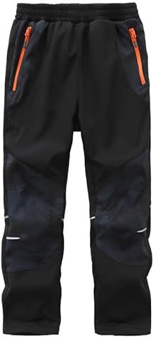 Zzkouine Kinder Softshellhose Schneehose Thermohose Hosen Jungen Mädchen Winterhose Outdoorhose Wanderhose, Schwarz/Tarnung 122-128