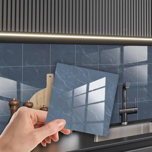 WALPLUS Steel Blue Marble Tile Stickers 15 x 15 cm, 24 PCS Peel and Stick Self Adhesive Wall Tiles, Waterproof Kitchen Bathroom Splashback Decals
