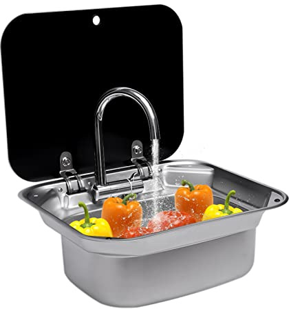 Begoniape Spülbecken Camping Spüle Bausatz, Küche Waschbecken Edelstahl Handwaschbecken, 49 * 41 * 18cm Waschtisch mit Deckel Rohre Wasserhahn Schalldämpfer-Pad für Wohnmobile, kleine Küchen, Bars