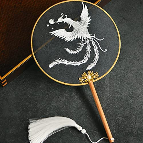 Éventail pliant à main, ventilateur à main pliant, ventilateur à main, style chinois antique classique à long manche double face for machine à broder, ventilateur circulaire Han vêtements chinois (cou