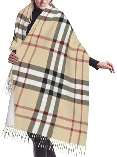 WURTON Schal mit Quaste, Winter, warm, Farbverlauf, Pailletten, Glitzer-Druck, Schal, Damen, Kaschmir-Flor, Fransenschal, Accessoire, Geschenk, Graue karierte Linien, Einheitsgröße
