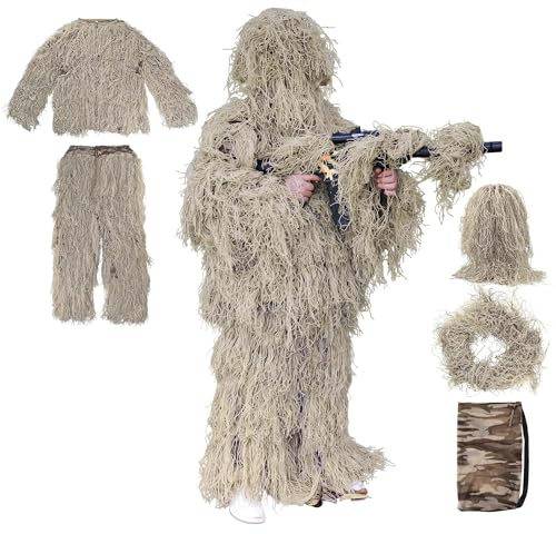 Goetland 5 Piezas 3D Ghillie Traje de Camuflaje Airsoft Disfraz de Camuflaje Hombre Ghillie Suit Camuflaje para Caza Ropa de Camuflaje Militar