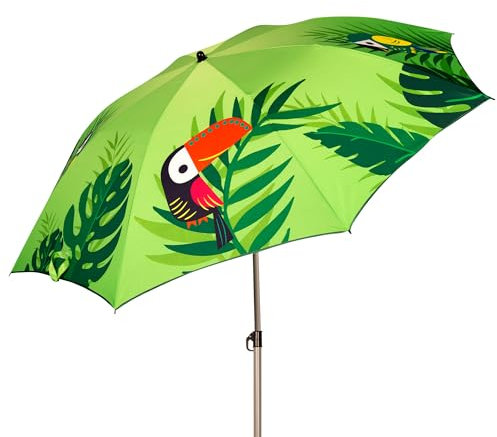AKTIVE Parasol de plage tropical, 200 cm, design photoréaliste, mât en acier, inclinable et réglable en hauteur, tissu polyester, protection UV40, grands parasols, housse de transport avec poignée