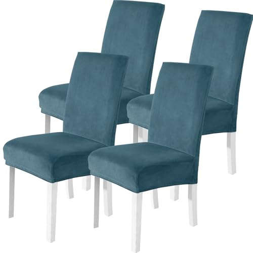 CYCMACO Stuhlhussen Samt 4er Set, Stretch Stuhlüberzieher, Stuhlbezug Schwingstuhl, Hussen Für Stühle Hochlehner, Stuhlbezüge Kratzfest, Universal Chair Cover Waschbarer, Pfau Blau