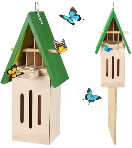 Antiai Schmetterlingshaus und Futterspender für den Außenbereich, Holzlebensraum mit Holzpfahl, natürlicher Schmetterlingspuddler, zum Aufhängen an Wand oder Baum, Terrassendekor, Grün
