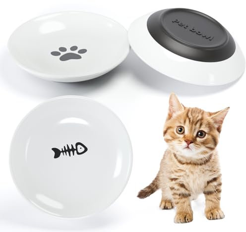 Katzennapf Keramik,3 Stück Ffutternapf Katze Keramik Set,verhindert Ermüdung der Schnurrhaare,Flacher breiter Futter- und Wassernapf für Kätzchen,Mit Rutschfester Gummiboden für Katzen,Kleiner Hund