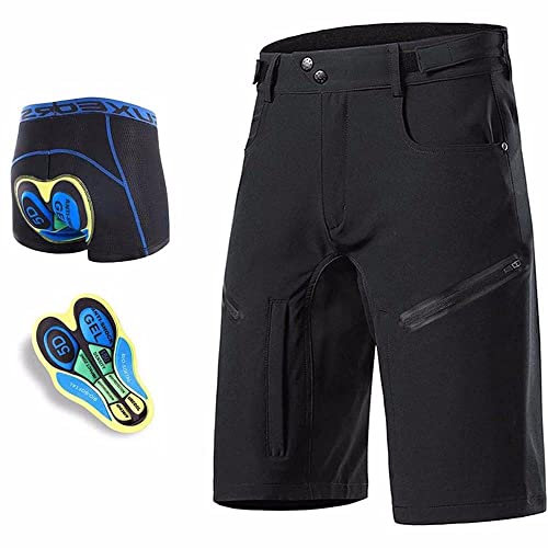 SMTSEC MTB Hose Herren Kurz, Baggy Radlerhose Herren Gepolstert, Downhill Mountenbike Kurze Hosen Herren Mit 5D Gel Fahrradunterhose Schnelltrocknende Atmungsaktiv Fahrradhose Männer Radhose,Black-S