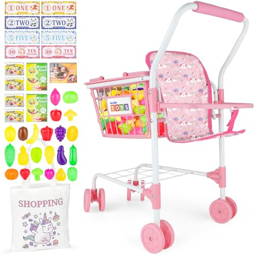deAO Kids Shopping Cart Play Set,Pretend Food and Shop Accessories, 2 in 1 Kids Grocery Trolley with Front Doll Seat Carrier(Doll not Included)