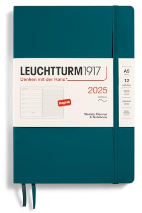 LEUCHTTURM1917 370756 Wochenkalender & Notizbuch Medium (A5) 2025, Softcover, Pacific Green, Englisch