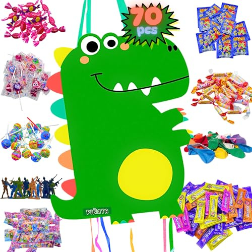 Piñata für Kindergeburtstag, Pinata + Packung mit 70 Spielzeugen und Süßigkeiten, mit Füllung, Piñata, Geburtstag, Piñata, Dinosaurier, Pinata, MANLOZ (blau)
