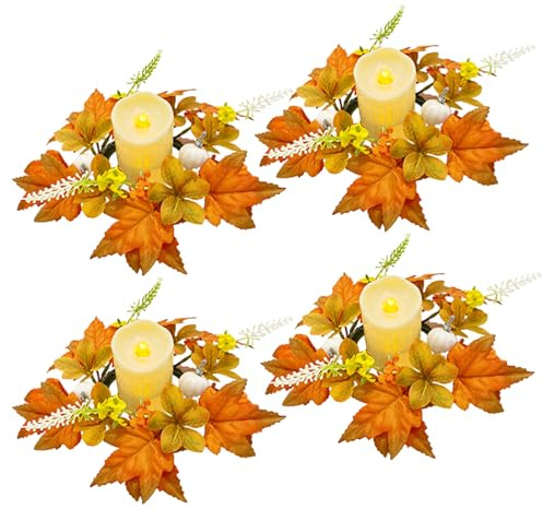 4Pcs Fall Candle Wreaths, Artificial Candle Wreaths with Maple Decor, 9 Inch Thanksgiving Candle Rings for Autumn, Fall Red Berry Candle Ring, Mini Wreaths for Halloween Harvest(Hyacinth-orange)