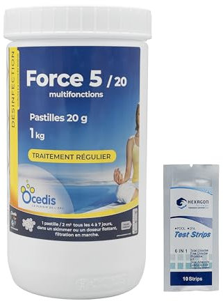 OCEDIS Force 5-20 Multifonctions Pastilles 20g - 1kg | Chlore Lent Stabilisé Multiaction - Désinfection Régulière Multifonction - Dissolution Lente + 10 Tests HPS OFFERTS 6 en 1