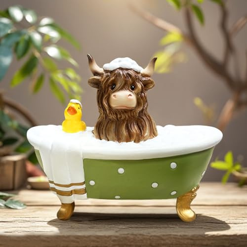 Gartendeko-Figur „Highland Cow“ – brauner Harzzwerg aus schottischem Rinderfell mit einer Ente in gepunkteter Badewanne, Geburtstags- und Babyparty-Geschenke für Zuhause, Badezimmer, Bauernhaus