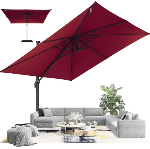 Hotime 3x3m Ombrellone da Patio Esterno Decentrato in Alluminio, Regolabile in 5 Altezze, Tessuto Impermeabile e Protettivo UV, Perfetto per Piscina, Terrazza e Uso Commerciale, Vino Rosso