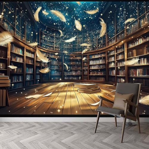 Wandtapete Fantasy Bibliothek Federn Fototapete, Fantasy Federn Vliestapete Bild Dekoration Wand-Dekor, 400 x 280 cm (B x H) Tapete Panorama Poster für Mädchen, Jungs Schlafzimmer Wohnzimmer