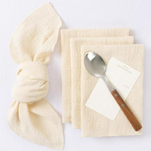 SYSUII 42x42cm 12 Stück Stoffservietten Baumwolle Musselin Servietten Stoff Tischservietten Abwaschbare Servietten Hochzeitsservietten für Party Geburtstag Cafe Restaurant Küche-Beige