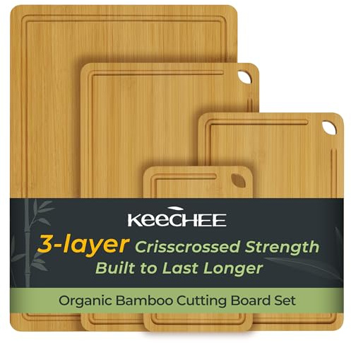 Tabla de cortar de bambú, tablas de cortar de madera duraderas para cocina con ranuras profundas para jugo y asas integradas, ideal para embutidos y picar carne (natural, 4 piezas)