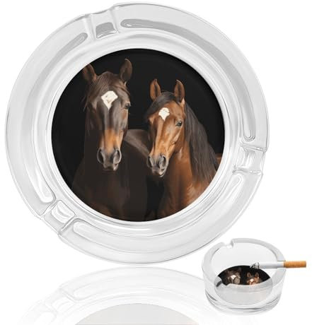 Cendrier en verre avec deux chevaux debout sur fond noir - Cendrier rond imprimé - Cendrier décoratif moderne pour cigarettes - Cendrier portable en cristal pour patio, porche, terrasse