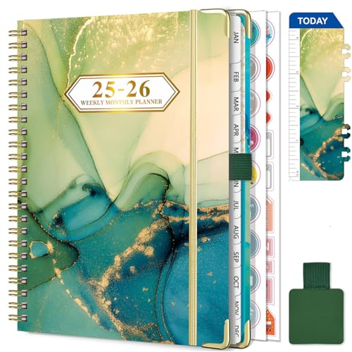 Agenda Semainier 2025 2026 Spirale - A5 Agenda Scolaire (Juillet 2025 - Juin 2026)- 12 Mois Planner Avec boucle de stylo,Règle Signet & Autocollants de plan (Vert)