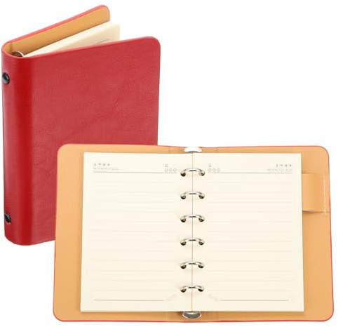 PATIKIL 6 Anillos Cubierta Carpeta, A7 Cuaderno Cuero Carpeta Mini Recargable Hoja Suelta Planificador Personal Con 50 Hojas Papel Rayado, Rojo