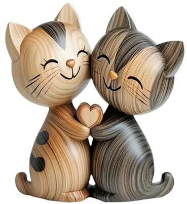 LunarCharm Scultura in legno di coppie di gatti – Decorazione da scrivania piatta 2D con abbraccio, decorazione per casa e ufficio, amanti dei gatti