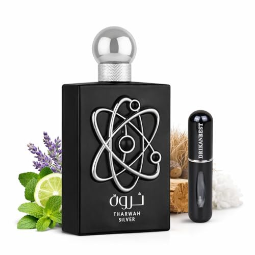 THARWAH SILVER Eau de Parfum 100ml – Perfume Árabe Hombre Fresco Amaderado, Larga Duración, con Menta, Bergamota y Vetiver + Atomizador Drikanbest 5ML Gratis