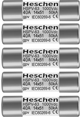 Heschen Solar DC1000V PV-Sicherung, Photovoltaik-Sicherungen, gPV-Typ-Sicherungsverbindung, 40A HSPV-63, 14 x 51 mm,1000VDC, 50 kA, für Solar-PV-Systemschutz, 5 Stück