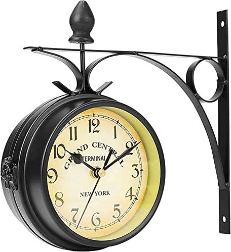 Orologio da Parete, Orologio da Stazione ferroviaria, da Esterno, in Ferro battuto bifacciale, con Due Lati, da Appendere, con Supporto in Metallo, Stile Vintage, per Giardino, Pat