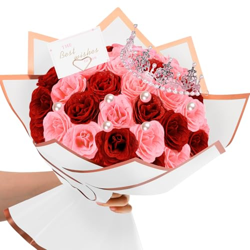 TLY Glitzer-Rosenstrauß, Blumenstrauß, Rosen, künstliche Blumen mit Geschenkpapier, Kronen, Karten für Valentinstag, Geburtstag, Jahrestag, Verlobung, Hochzeit, Halloween, Thanksgiving (24, Rot + Rosa