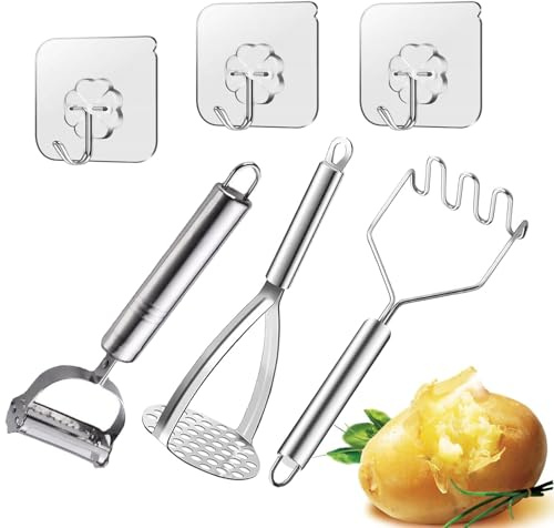 Guyode 6 Pezzi Schiacciapatate Acciaio Inox Passaverdure Manuale Schiaccia Aglio Pelapatate Professionale Passaverdura Manuale Utensili Cucina Acciaio Inox per Purea Patate Marmellata Verdura Frutta