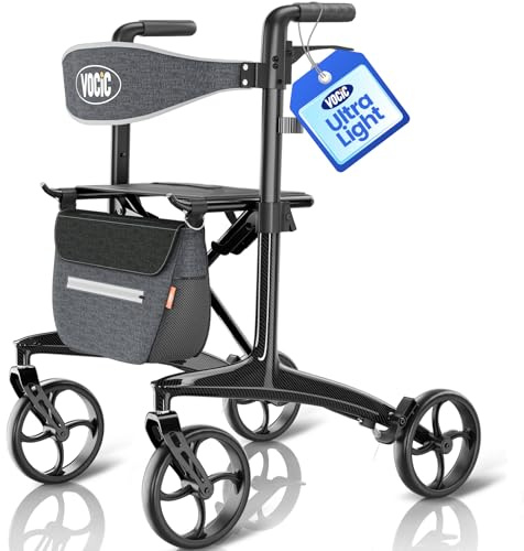VOCIC Z75 Carbon Rollator Faltbar und leicht mit Sitz, 5,5kg Ultralight | Rollator Schmal für Wohnung, Indoor & Outdoor Faltbarer Rollatoren Klappbar für Senioren, Max 136kg, 5 Jahre Support,Obsidian