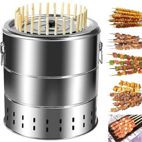 Barbecue portatile a carbonella senza fumo con spiedini e griglia da cucina, ideale per barbecue all'aperto e picnic