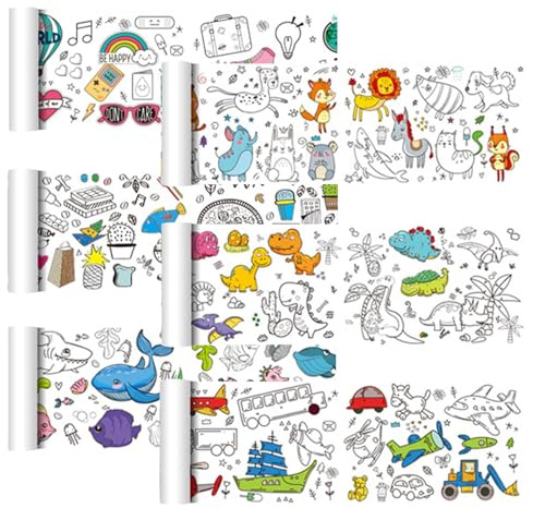 Juego de 6 rollos de pintura para niños (30 x 90 cm) – 6 temas de papel para colorear, páginas creativas para colorear para niños, ideal para actividades de manualidades y decoración de pared/ventanas