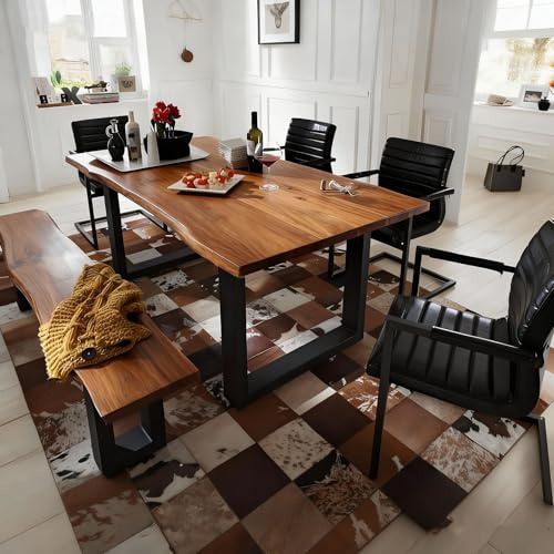 OOIKVCC Industrial Solid Wood Dining Table,Rectangle Kitchen Table,Farmhouse Live Edge Dining Room Table for 2,4,6,8,2 Solid Wood Top