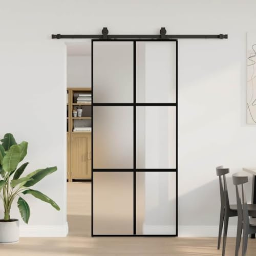 Versear Porta Scorrevole Vetro, Porte Interne, Porta Scorrevole con Binario Esterno, Set Porta Scorrevole in Vetro ESG Nera 90x205 cm