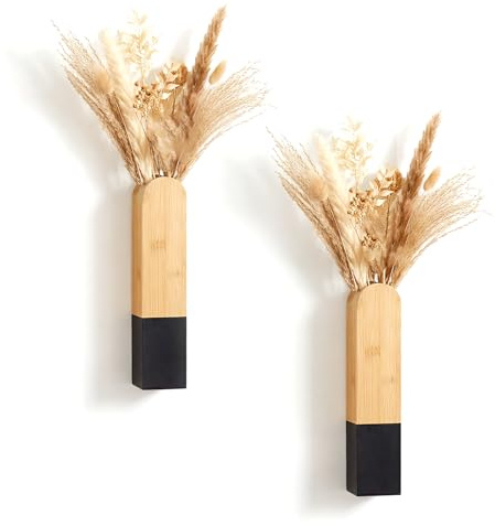 2 Stück Holz-Wandvasen Set für Trockenblumen (Schwarz und natürlich)