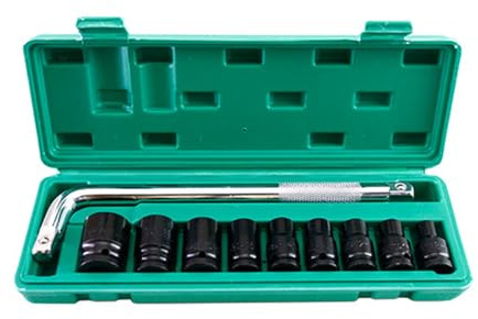 1 2-Inch Drive Deep Impact Socket Set 10-Piece Metric 6-Point Hex Design High Carbon Steel with Wrench and Storage Box