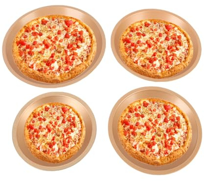 Bewinner Set di 4 Teglie per Pizza in Acciaio Al Carbonio (6, 7, 8, 9 pollici), Teglie Rotonde Riscaldanti per Forno, Multiuso per Pizza, Torte, Crostate, Pane, Ideale per Cuochi