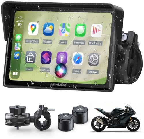 APHQUA Motorrad CarPlay 5 Zoll Touchscreen Display, IP67 wasserdicht, TPMS | kabelloses CarPlay und Android Auto, Reifendruckkontrollsystem,Dual-Bluetooth, GPS, USB/Acc-Stromversorgung