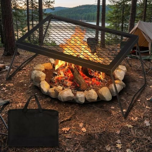 Aptliton Swivel Campfire Grill, Adjustable Height Fire Pit BBQ Grate with Carry Bag, Portable Rotating Camping Grill for Outdoor Campfire Backyard Picnic, Black(43 * 31CM)