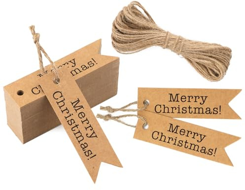 Merry Christmas Geschenkanhänger Frohe Weihnachten Papieranhänger, 100 Stück Tags mit 20M Jute Schnur, für Dekoration Geschenke Verpackung